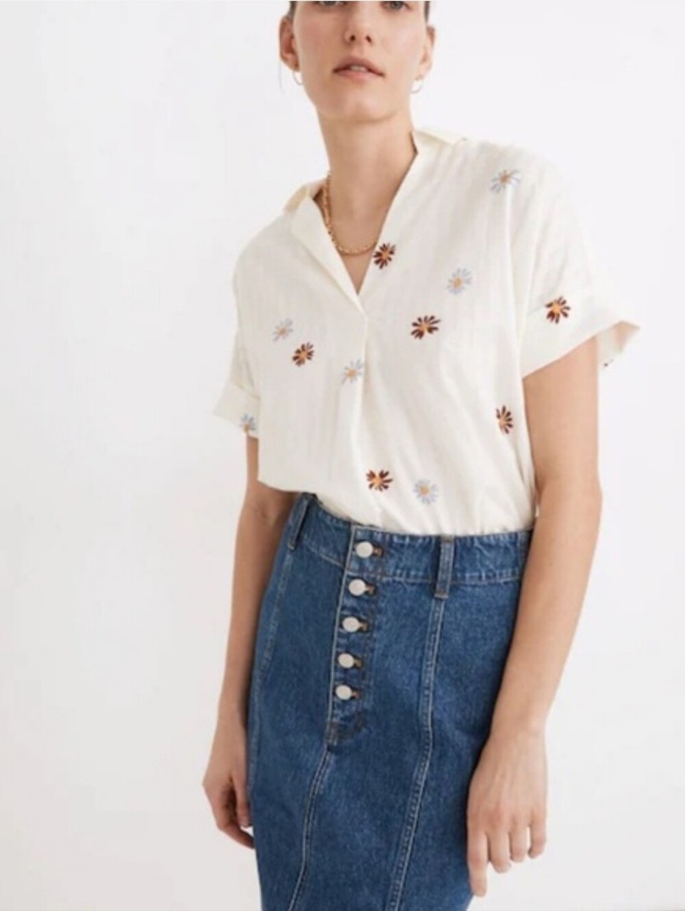 Madewell Flower Floral Daisy Courier Shirt White Red Blue Button Back Small